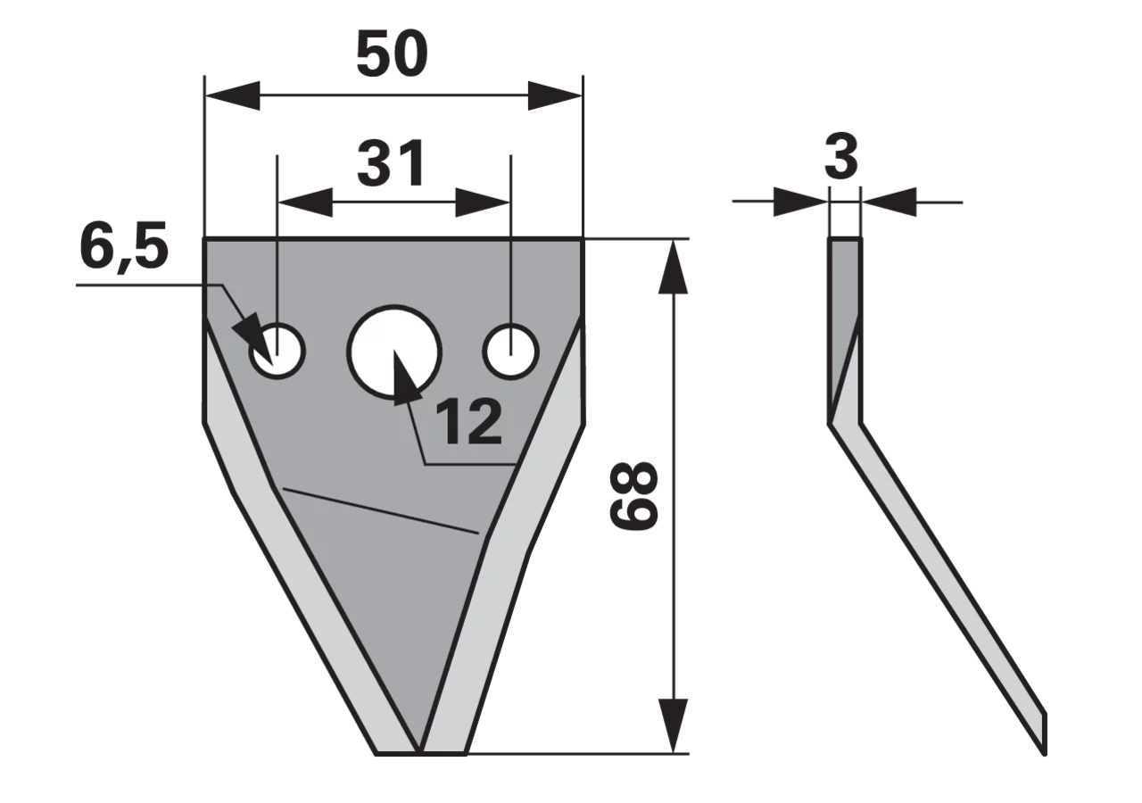 Fräsmesser L 68 x B 50 x S 3 mm, glatt, abgewinkelt, rechts – passend für Strautmann 60644505 GartenShop24