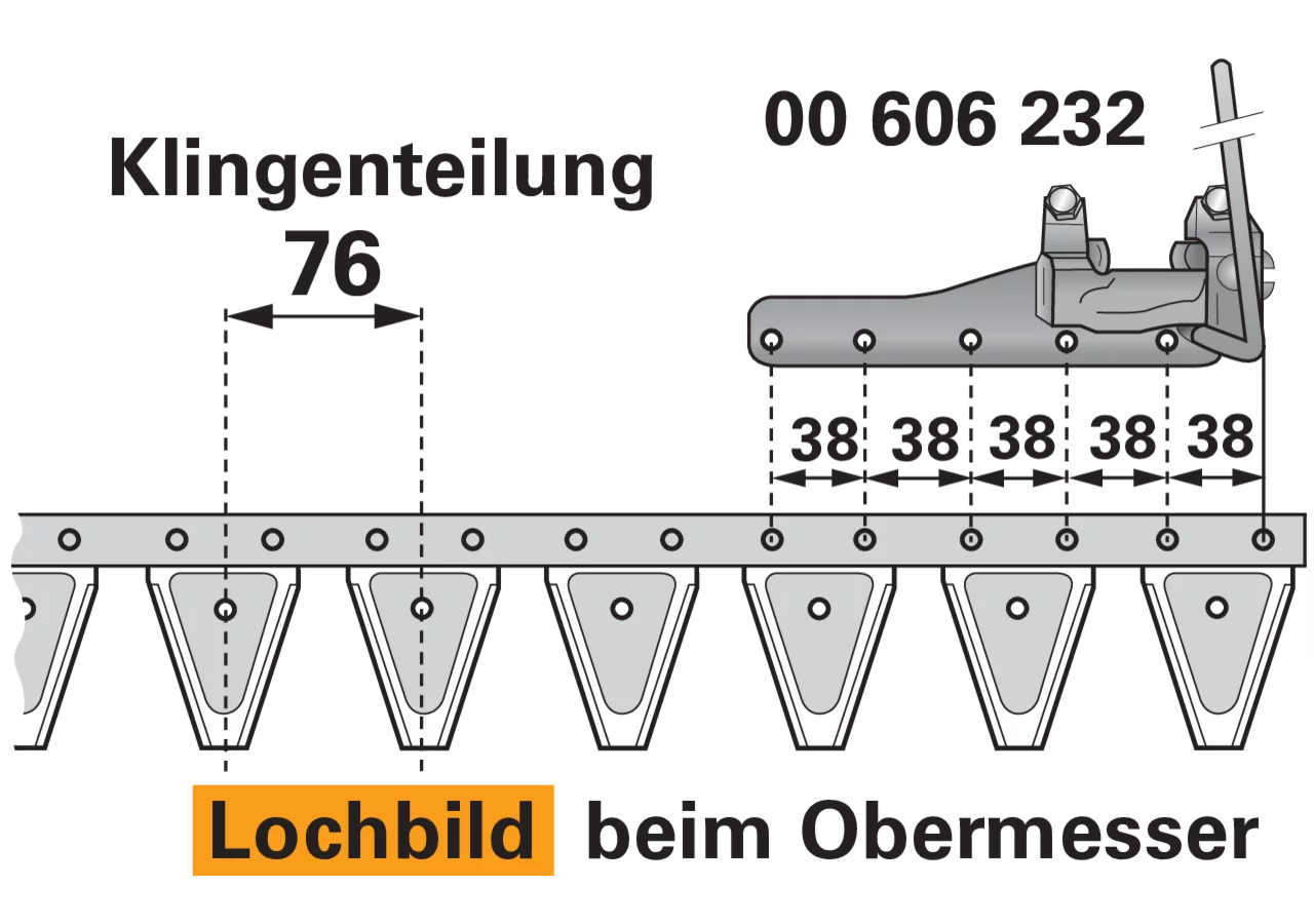 Obermesser L 200 cm, mit Messerkopf, rechts, 26 Klingen, T76, glatt ESM 2627675 ESM