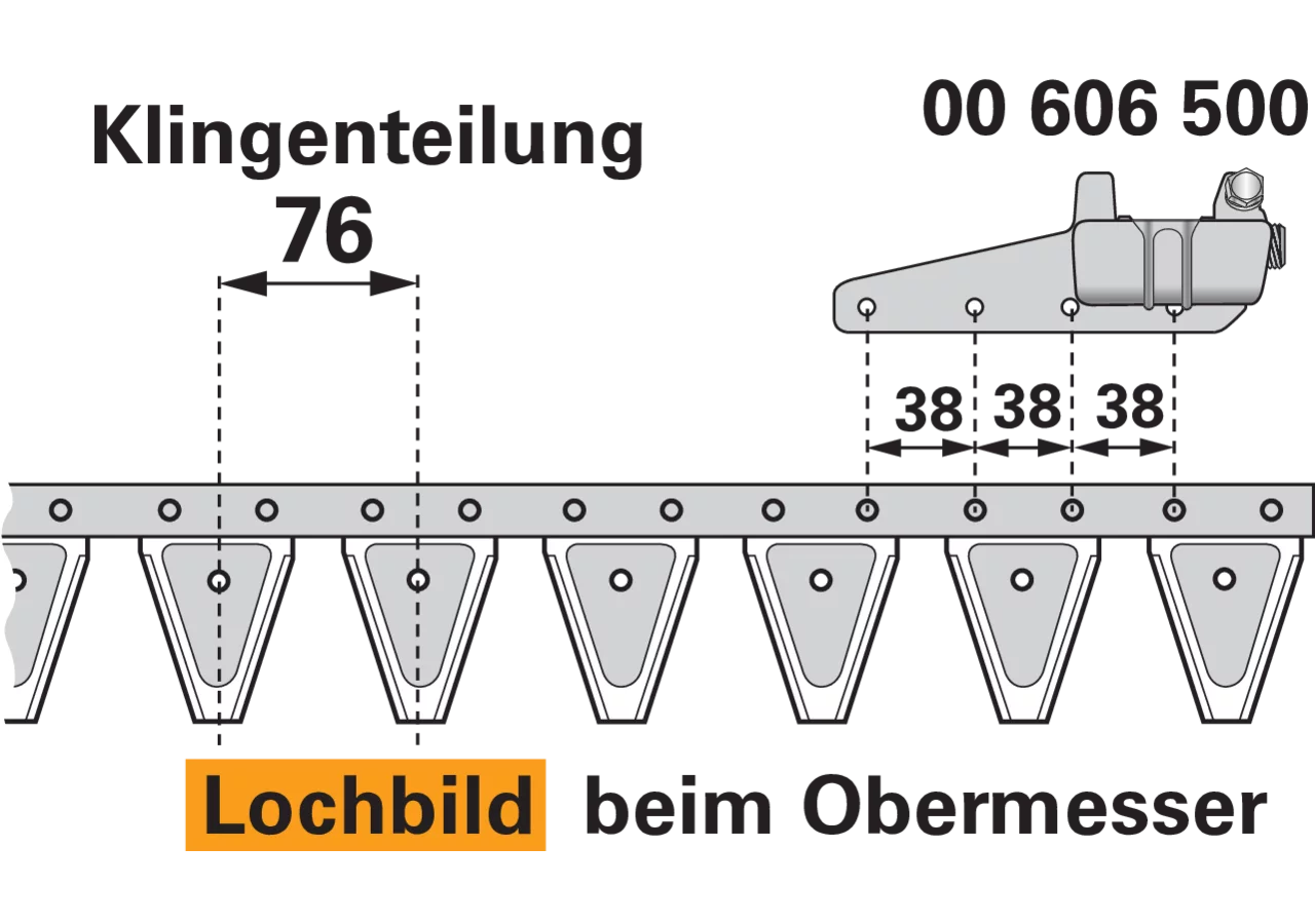 Obermesser L 168 cm, mit Messerkopf, rechts, 22 Klingen, T76, glatt ESM 2620038 ESM