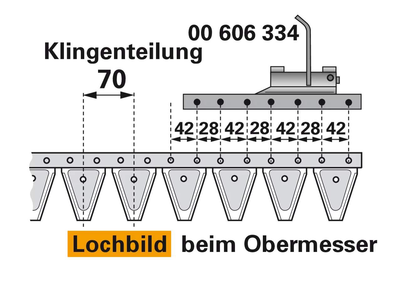 Obermesser L 180 cm, mit Messerkopf, rechts, 26 Klingen, T70, glatt – passend für Moty 100345 Schröckenfux