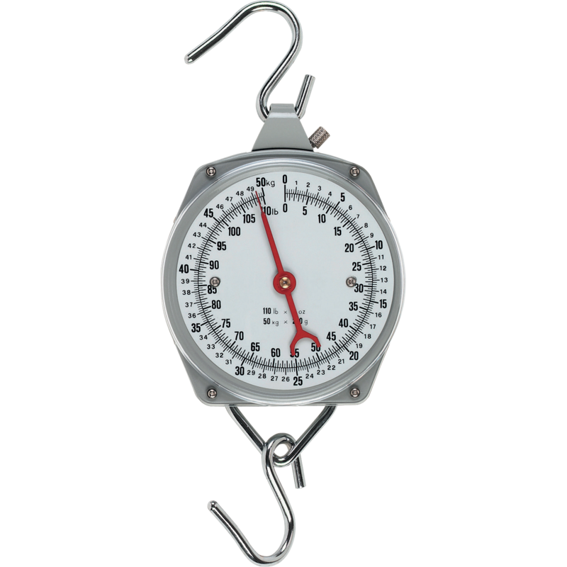 Zeigerschnellwaage mit Metallhaken 50 kg, Wägeunterteilung 200 g, Plexiglasfront