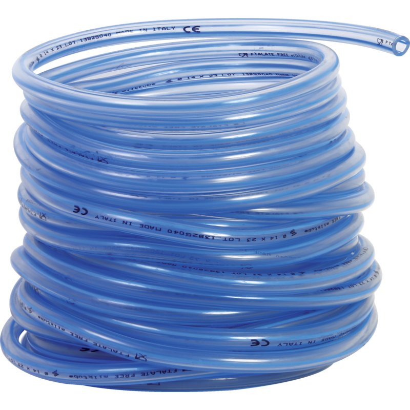 Milchschlauch PVC, transparent, ID 14 mm, Rollenware, 25 m – Rolle mit 25 m SchlauchBlauer Streifen