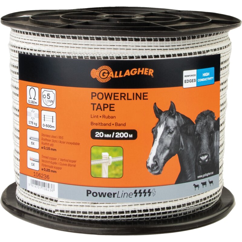 Gallagher Breitband PowerLine, L 200 m, B 20 mm, Weiß-Schwarz Gallagher 106236 – Kunststoffband Weiß-Schwarz mit verstärktem Rand Gallagher