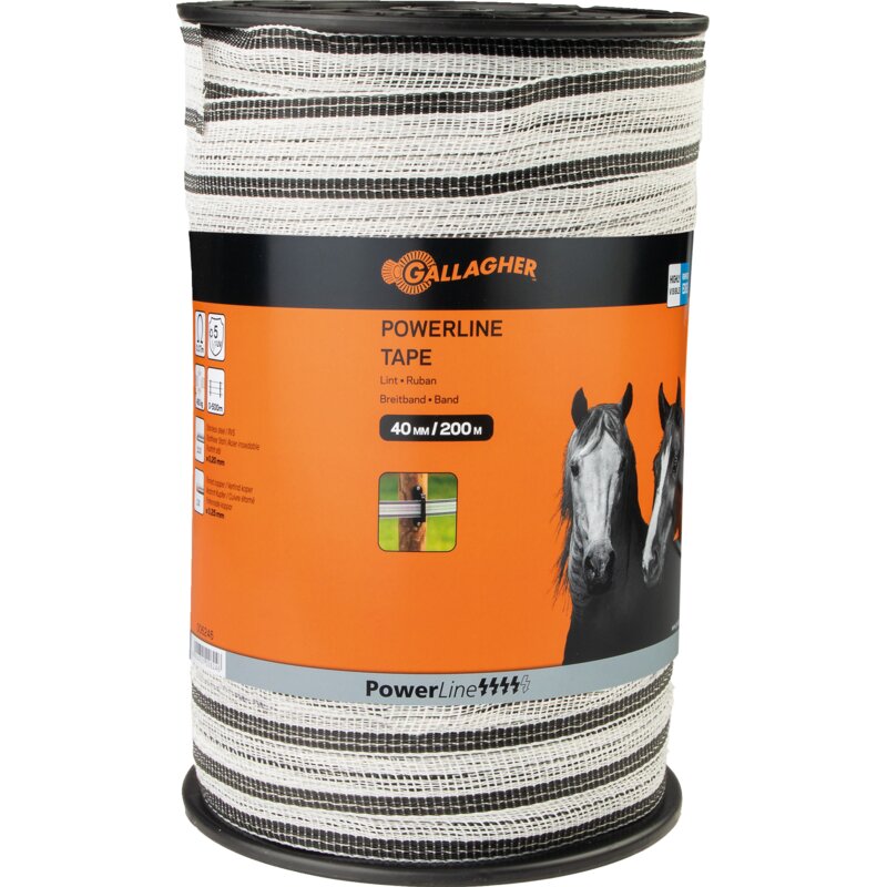 Gallagher Breitband PowerLine, L 200 m, B 40 mm, Weiß-Schwarz Gallagher 006246 – Kunststoffband Weiß-Schwarz mit verstärktem Rand Gallagher