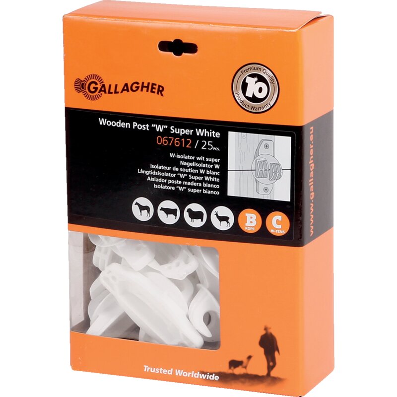 Gallagher W-Isolator für Cord und EquiFence, Weiß, 25 Stück Gallagher 067612 – Sehr starker Isolator für Holzpfähle Gallagher