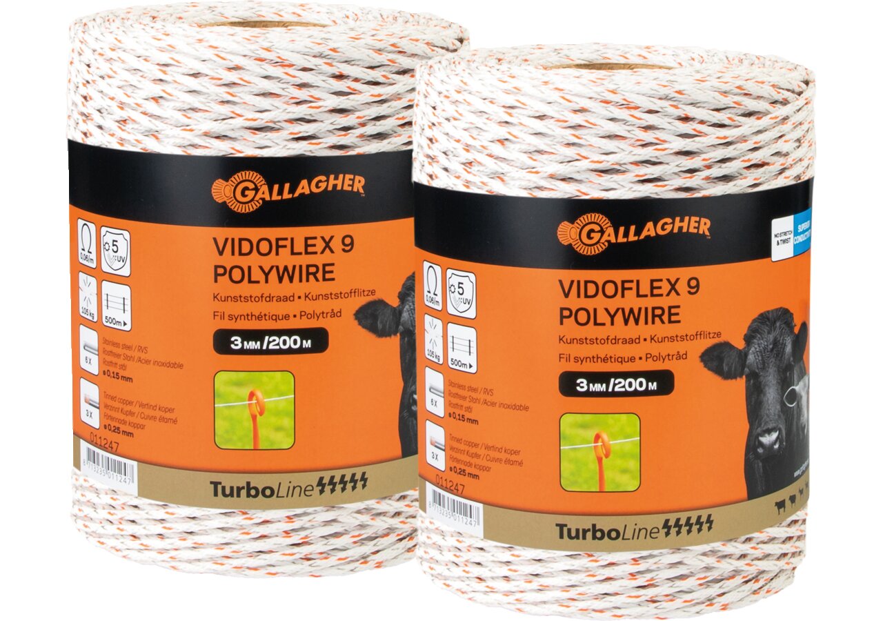 Cord TurboLine Vidoflex 9 Plus, L 2 x 200 m, Weiß Gallagher 069316 Gallagher
