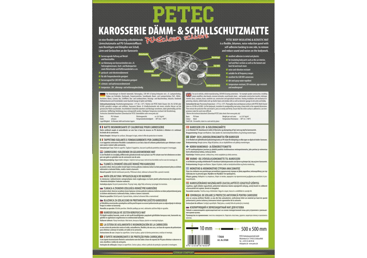 Schallschutzmatte PU-Schaum schwarz, 500 x 500 x 10 mm einseitig selbstklebend PETEC