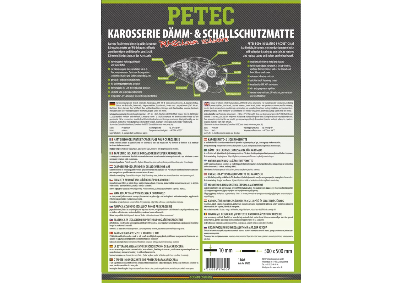 Schallschutzmatte PU-Schaum schwarz, 500 x 500 x 10 mm einseitig selbstklebend PETEC