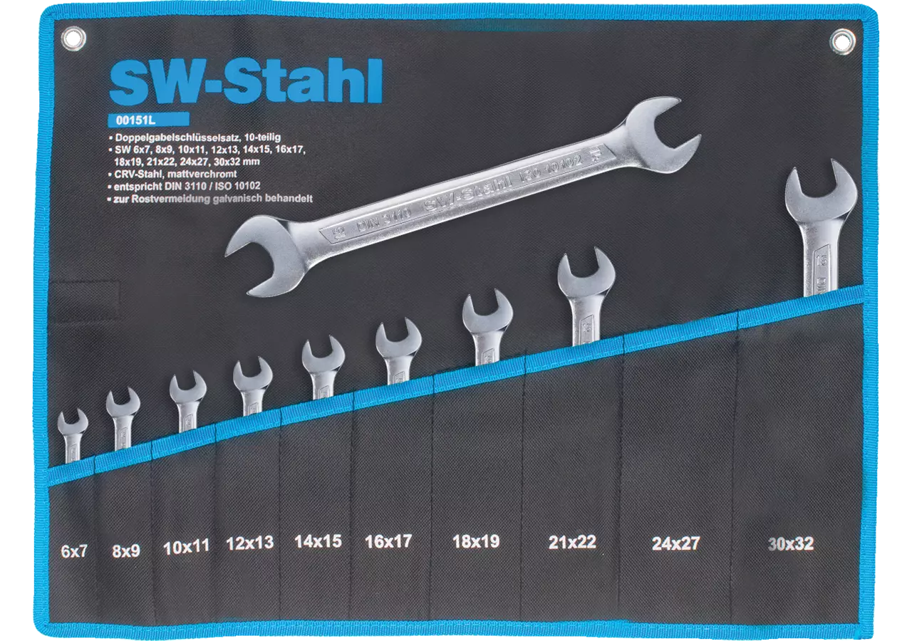 Gabelschlüsselsatz 10-teilig, SW 6 - 32 mm, gerade Ausführung nach DIN3110 SW-Stahl