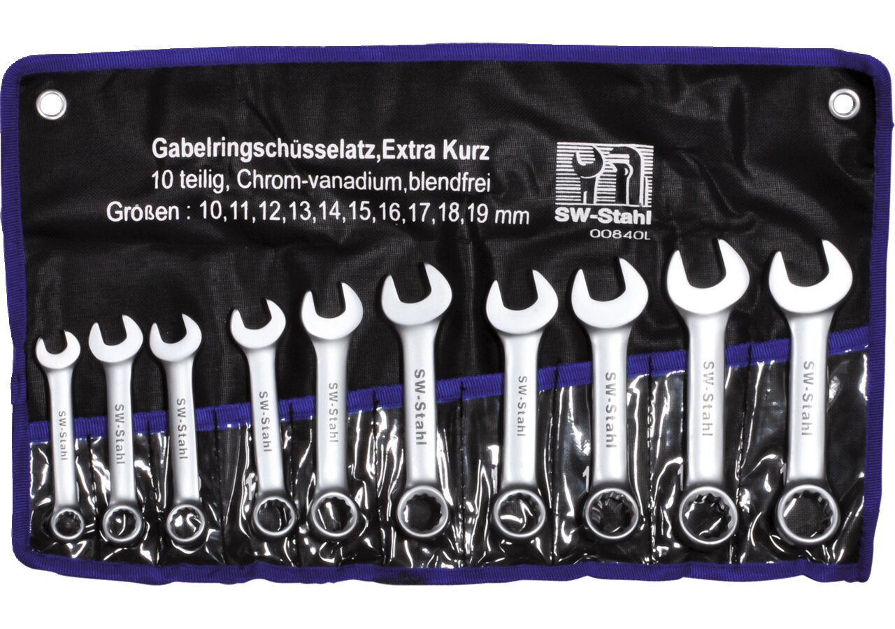 Gabelringschlüsselsatz 10-teilig, SW 10 - 19 mm, 15° abgschrägt Extra kurze Ausführung SW-Stahl