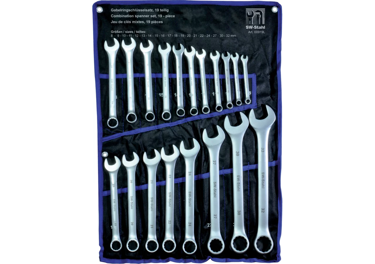 Gabelringschlüsselsatz 19-teilig, SW 8 - 32 mm, 15° abgeschrägt in Rolltasche SW-Stahl