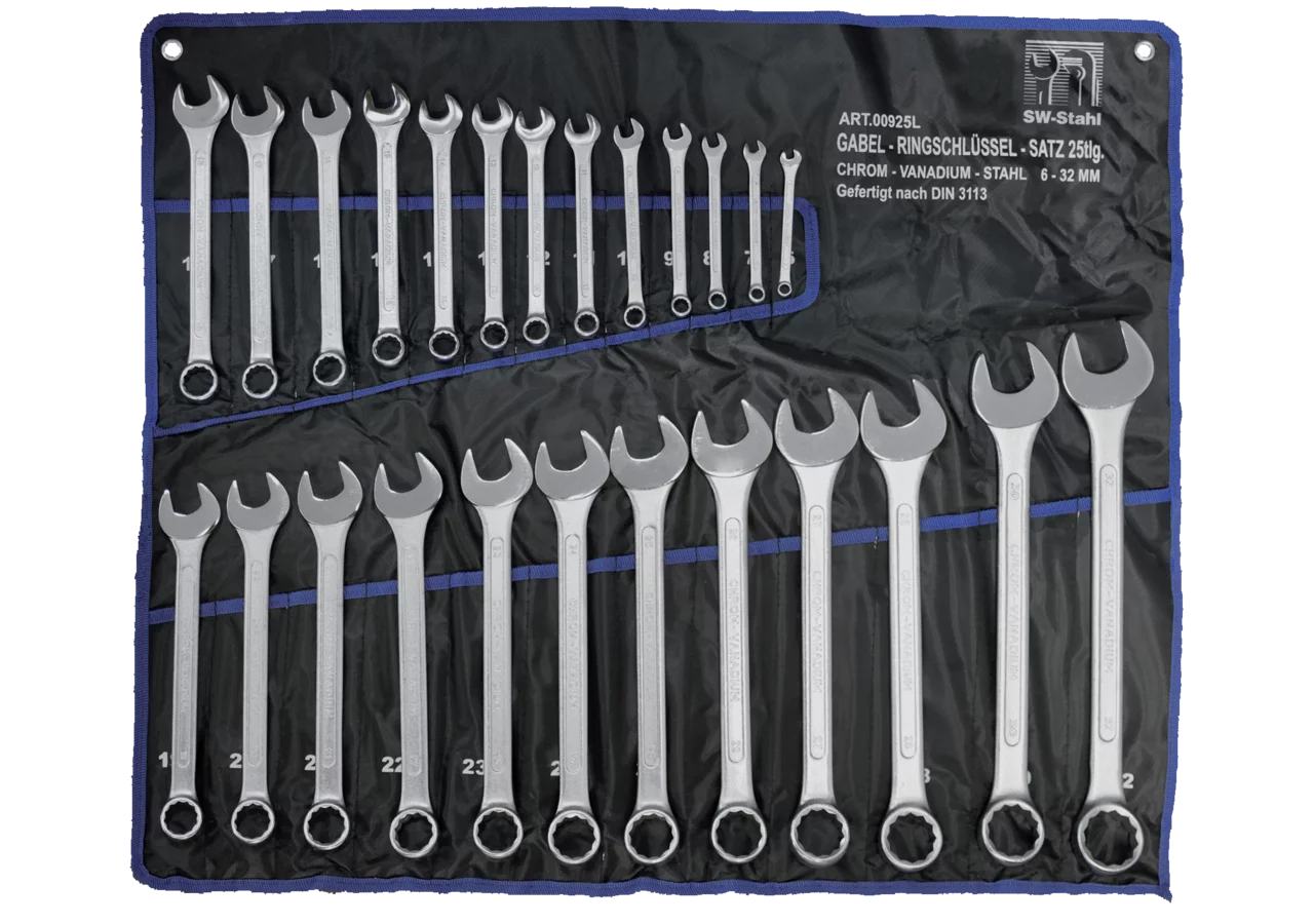 Gabelringschlüsselsatz 25-teilig, SW 6 - 32 mm, 15° abgeschrägt in Rolltasche SW-Stahl