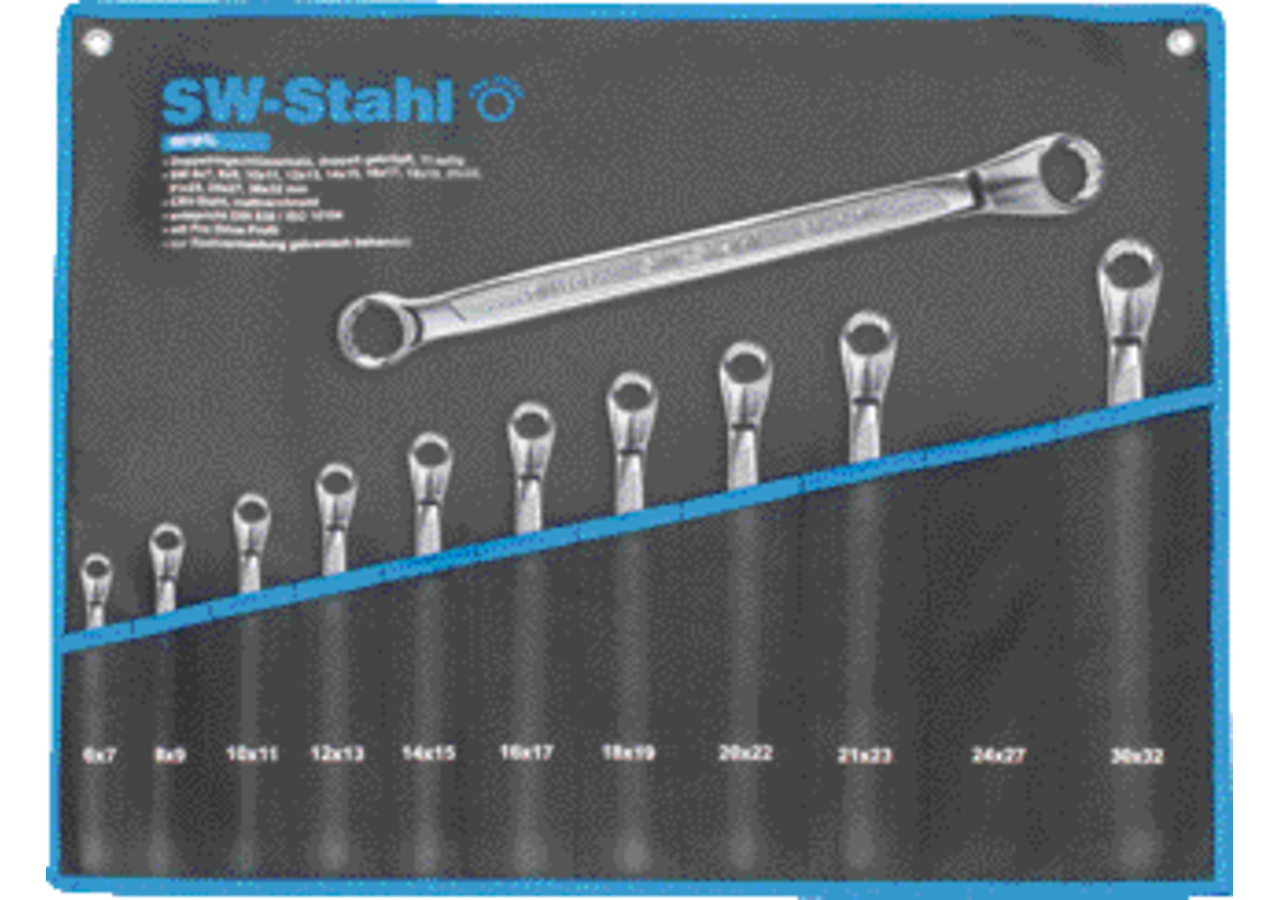 Doppelringschlüsselsatz 11-teilig, SW 6 - 32 mm, doppelt gekröpft Pro Drive, nach DIN838 SW-Stahl