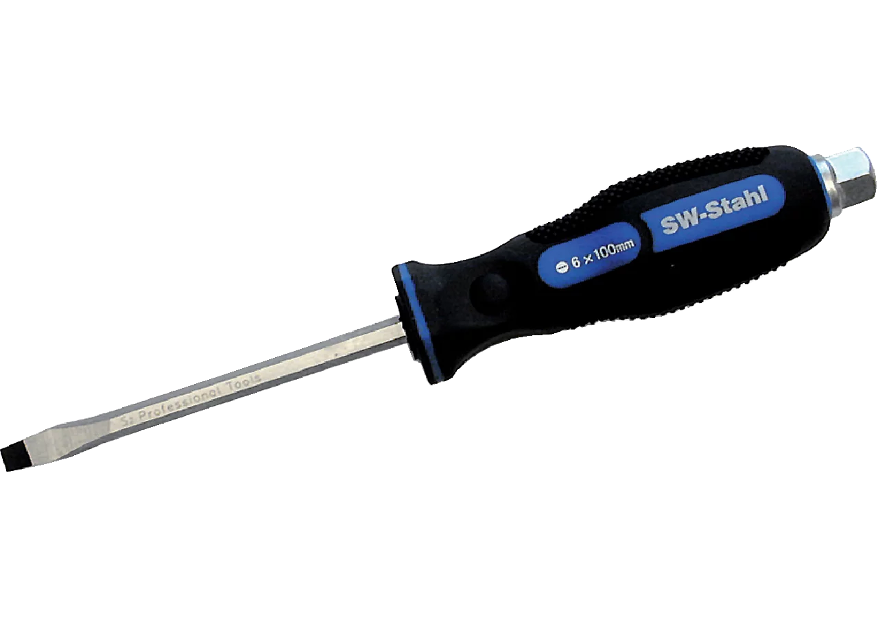 Schraubendreher 5,0 x 75 mm, mit Schlitz mit durchgesteckter, schlagfester Sechskant Klinge SW-Stahl