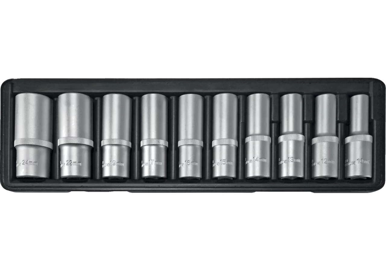 Stecknussensatz 10-teilig, SW10 - 24 mm, Sechskant lang mit 1/2 Zoll Antrieb SW-Stahl
