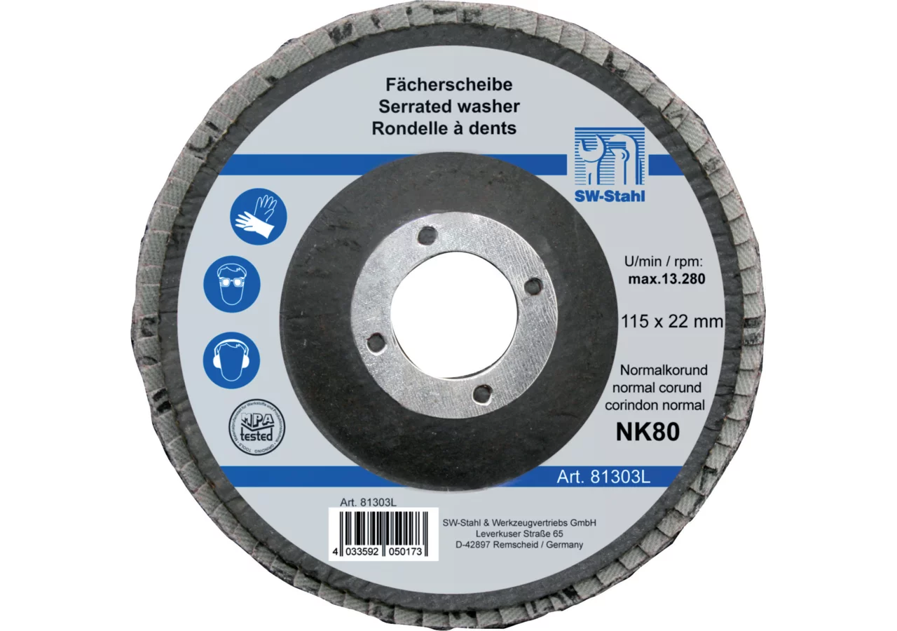 Schleiflamellenteller Dm 115 mm, K 80 Normalkorund, EN12413 SW-Stahl