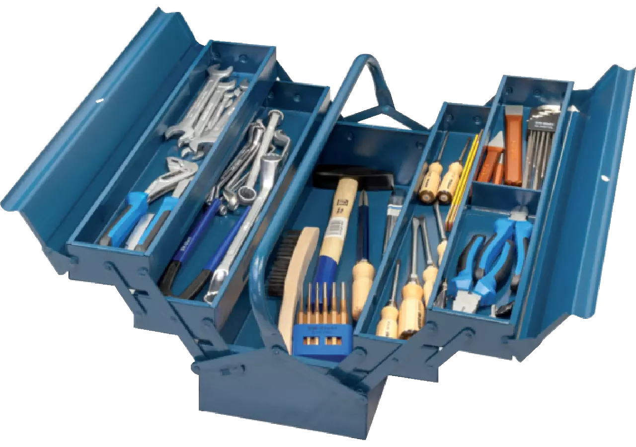 Werkzeugkoffer 51-teilig, 530 x 200 x 200 mm Stahlblech blau lackiert SW-Stahl