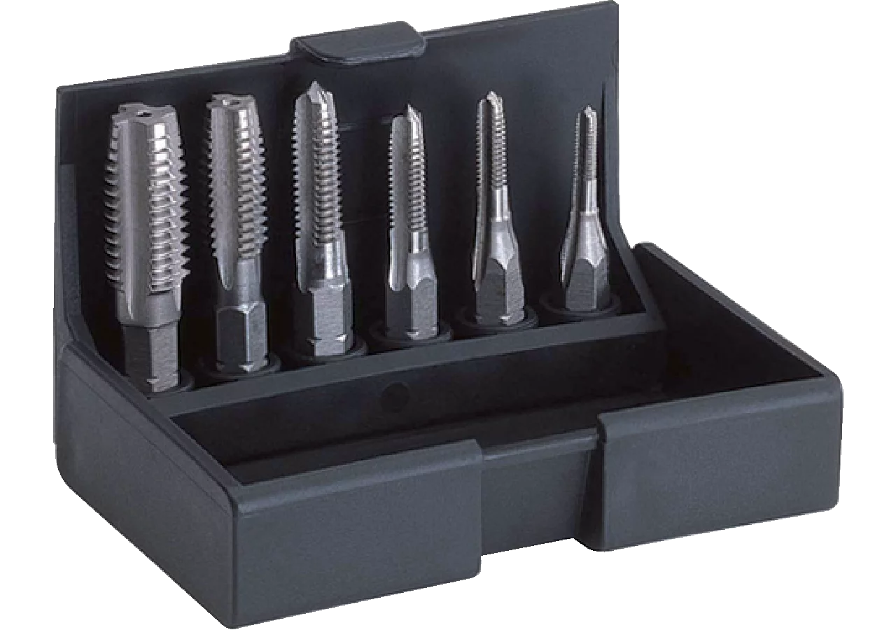Einschnittgewindebohrer-Bitsatz 6-teilig, HSS M3 - 10, geschliffen mit 1/4 Zoll Antrieb SW-Stahl
