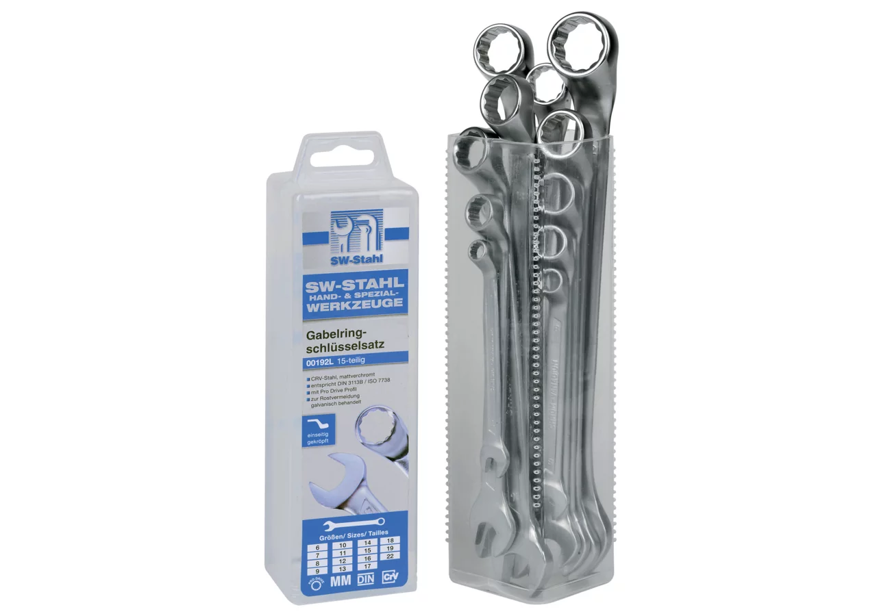 Gabelschlüsselsatz 15-teilig, SW 6 - 22 mm, einseitig gekröpft Pro Drive, nach DIN3113-B SW-Stahl
