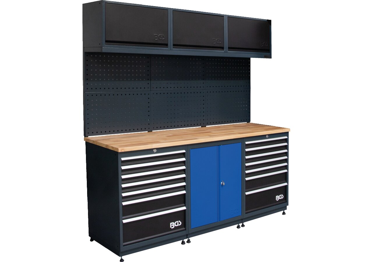 Wandschranksystem Starter Paket - 3 Module, 1950 x 2025 mm inkl. Massivholz-Arbeitsplatte BGS