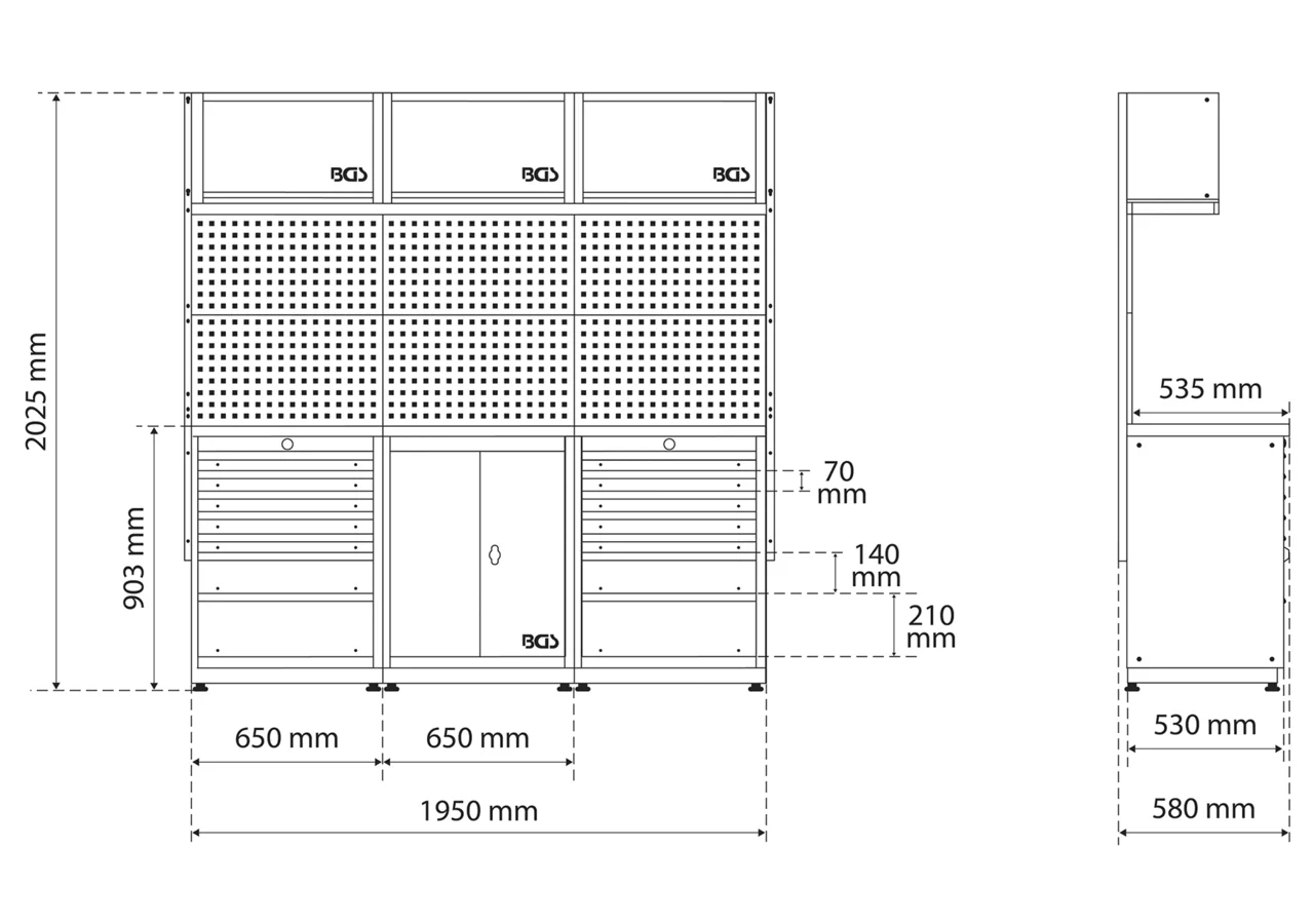 Wandschranksystem Starter Paket - 3 Module, 1950 x 2025 mm inkl. Massivholz-Arbeitsplatte BGS