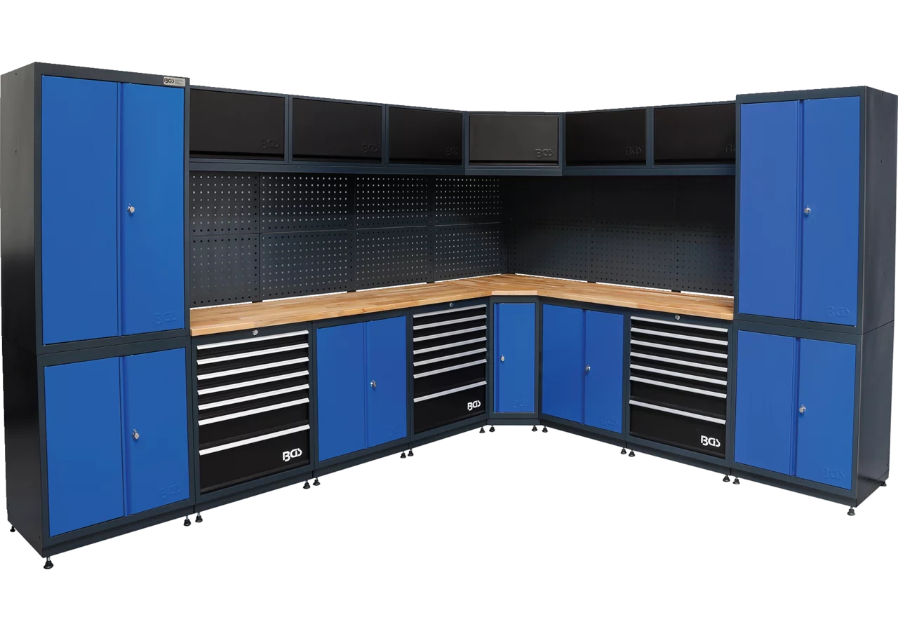 Wandschranksystem Werkstatt - 8 Module, 3350 x 2700 x 2025 mm inkl. Massivholz-Arbeitsplatte BGS