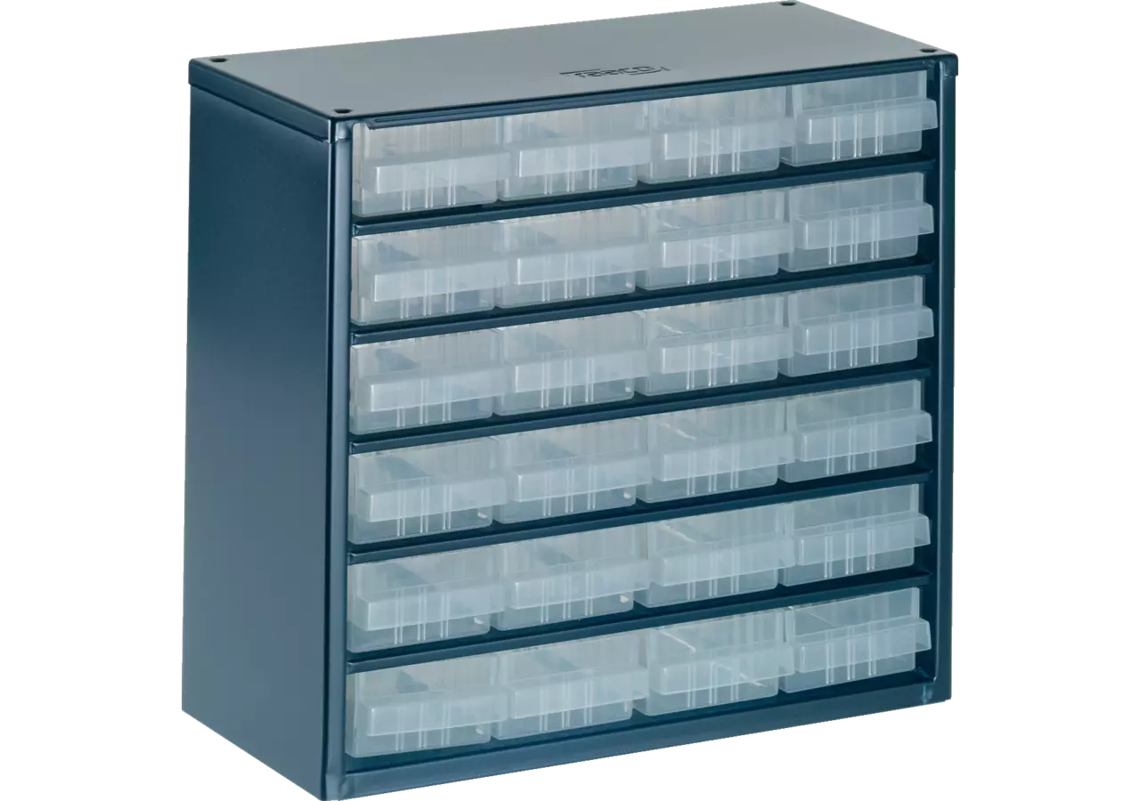 Stahlmagazin 624-01, 282 x 306 x 150 mm, mit 24 Schubladen Farbe Blau/Transparent Raaco