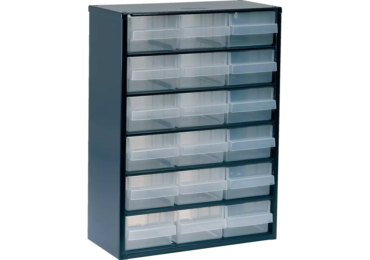 Stahlmagazin 918-02, 417 x 306 x 150 mm, mit 18 Schubladen Farbe Blau/Transparent Raaco
