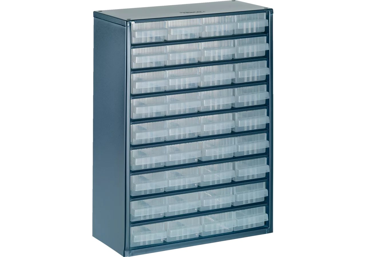 Stahlmagazin 936-01, 417 x 306 x 150 mm, mit 36 Schubladen Farbe Blau/Transparent Raaco