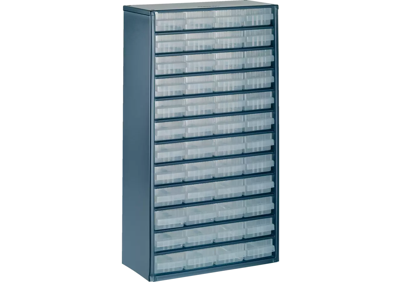 Stahlmagazin 1248-01, 552 x 306 x 150 mm, mit 48 Schubladen Farbe Blau/Transparent Raaco