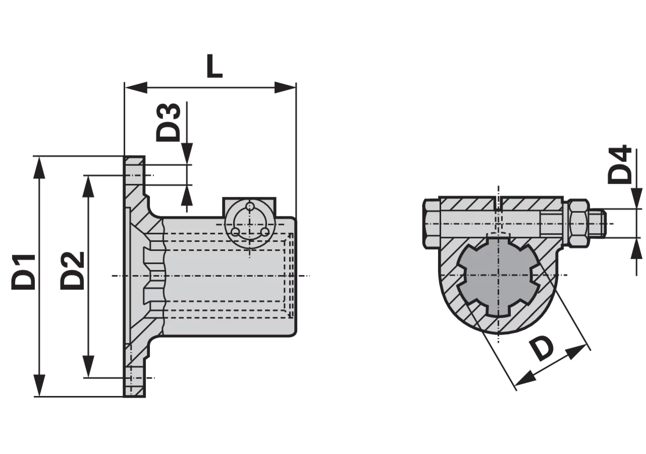 Aufsteckflansch mit Klemmschraube, 1 3/4-6, Dm 120 mm TK 101,5 mm, 8 Löcher, 16.16.100 Walterscheid