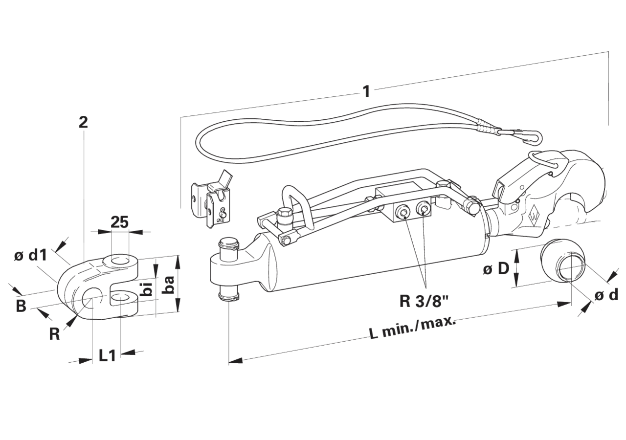 Oberlenker hydraulisch, Kat. 3, 90 mm, Länge 590 mm passend zu John Deere Walterscheid