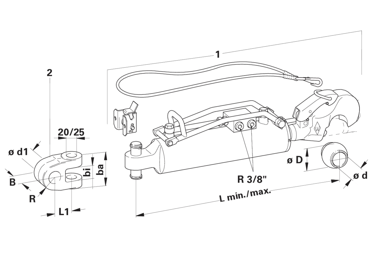 Oberlenker hydraulisch, Kat. 2, 63 mm, Länge 503 mm, ohne Gabelkopf Walterscheid