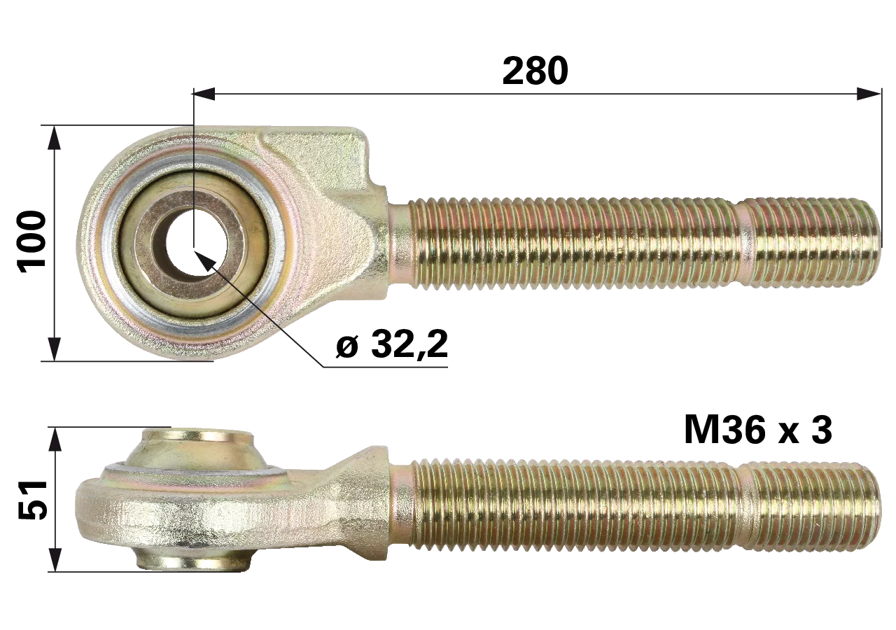 Kugelgelenkkopf M36 x 3, ID 32,3 mm, Länge 280 mm Walterscheid