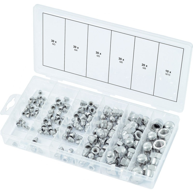 KS TOOLS Sortiment Edelstahl-Hutmuttern, 150-tlg – 228 mm